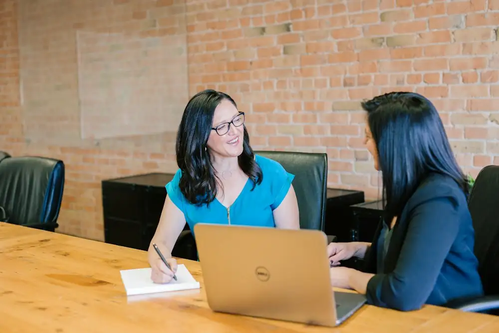 Two colleagues talking at a table